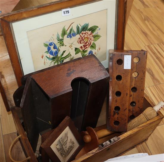 A 19th century candle box, spoon rack, salt box, wooden trunk, botanical watercolour, and two prints etc.